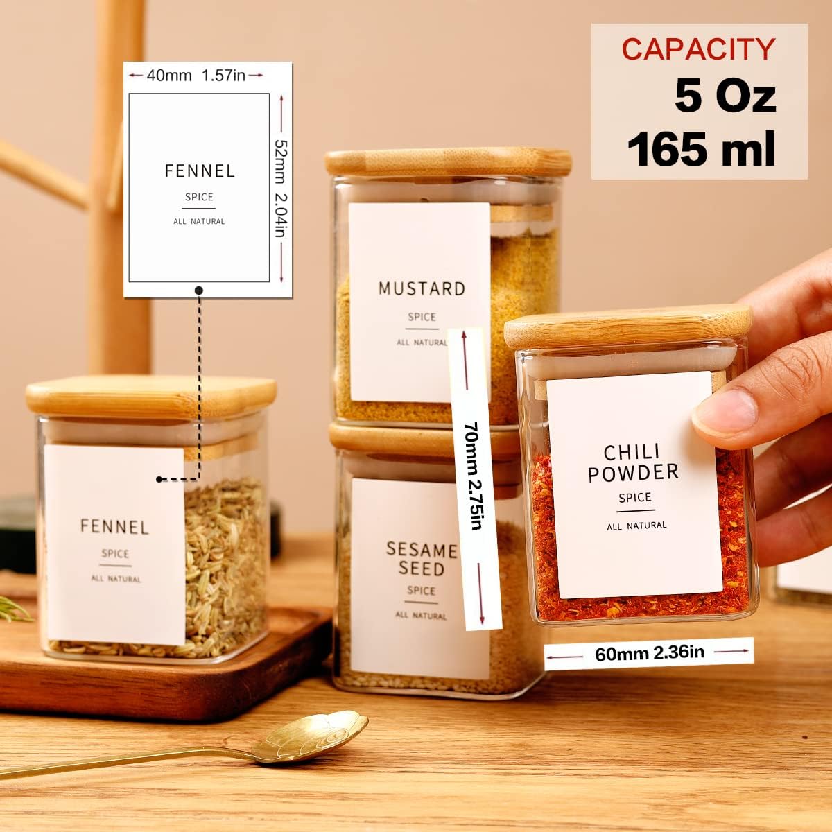 12 Pcs Square Glass Spice Jars with Natural Bamboo Lids - 5oz Airtight Herb Containers with 148