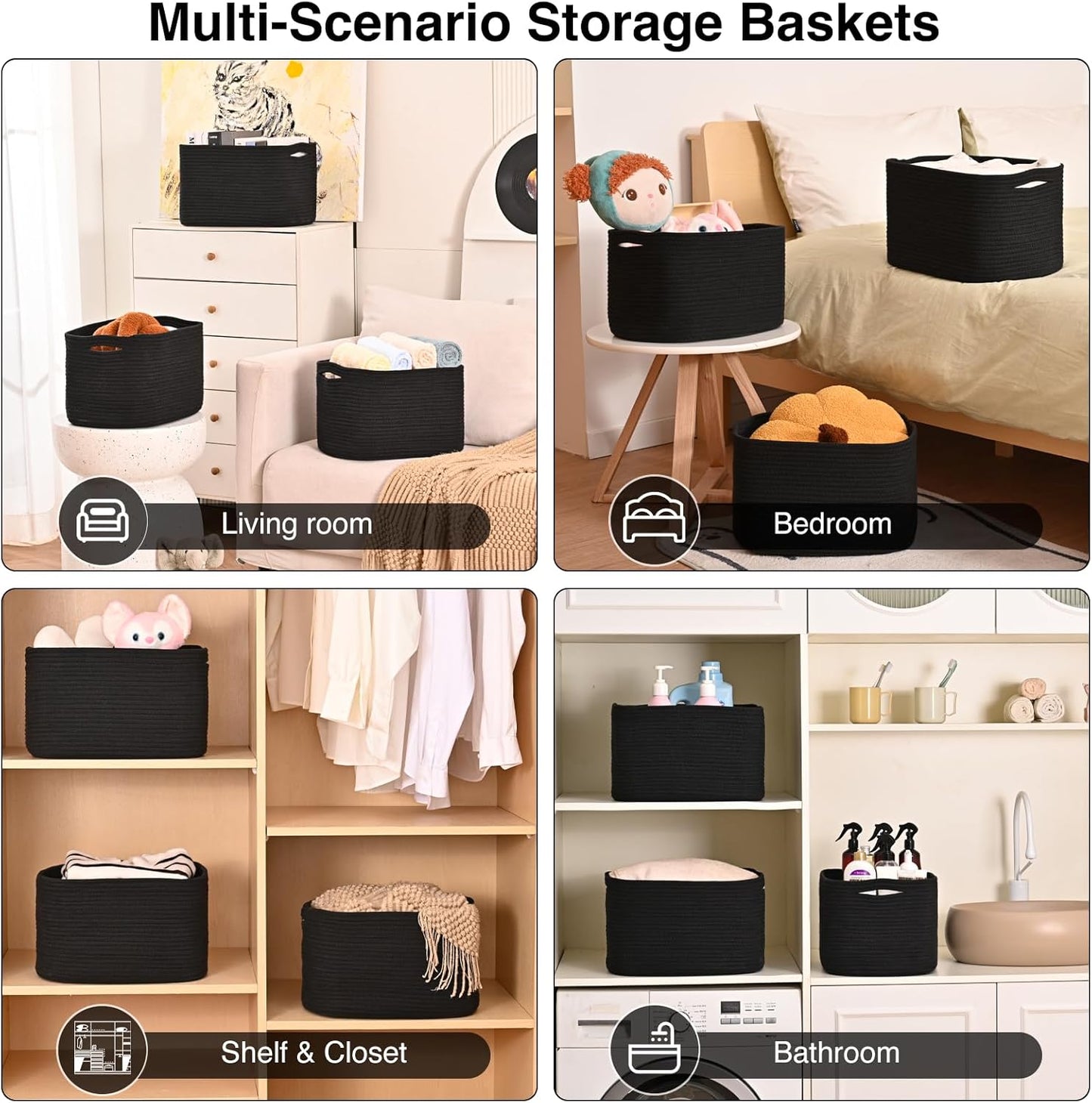 Black Storage Baskets for Organizing Shelves, Toy Basket for Nursery, Woven Cotton Rope Basket for