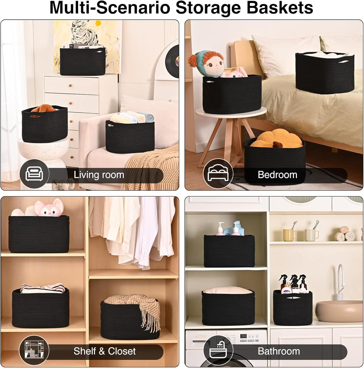 Black Storage Baskets for Organizing Shelves, Toy Basket for Nursery, Woven Cotton Rope Basket for