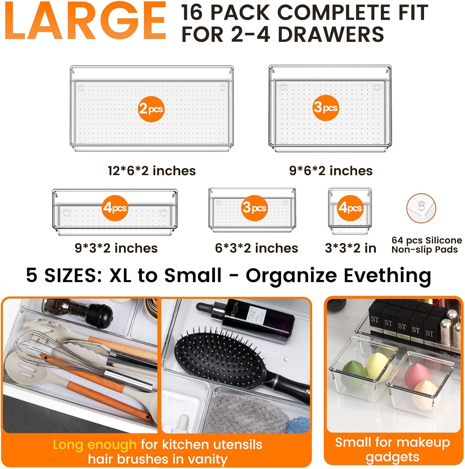 Criusia 16 Pack Large Clear Plastic Drawer Organizer Bins - 5 Size Acrylic Bathroom and Vanity