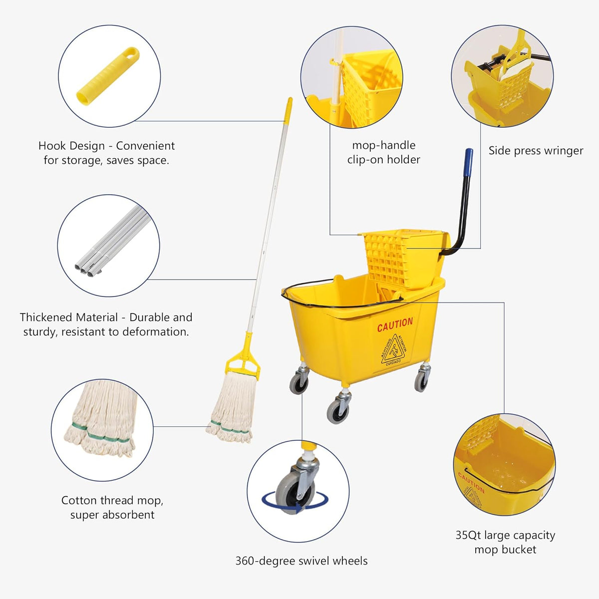 35Qt. Side-Press Mop Bucket and Wringer Combo on Wheels, Yellow, for Floor Cleaning/Wet