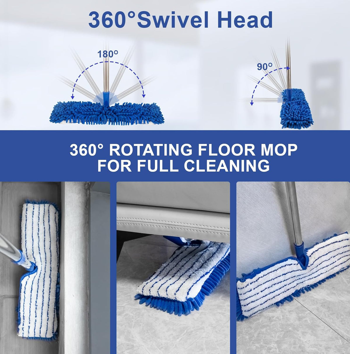 Microfiber Dust Mop for Floor Cleaning - Dual-Sided Washable Pads, Adjustable Stainless Steel