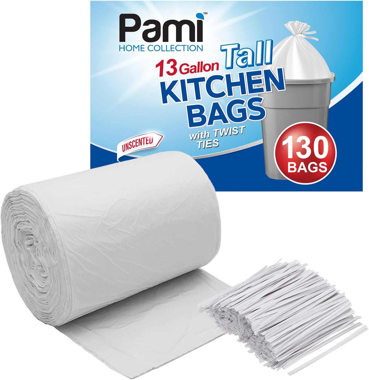 PAMI 13-Gallon Tall Garbage Bags [130-Pack, White] With Twist Ties - Unscented, Odor-Control Trash