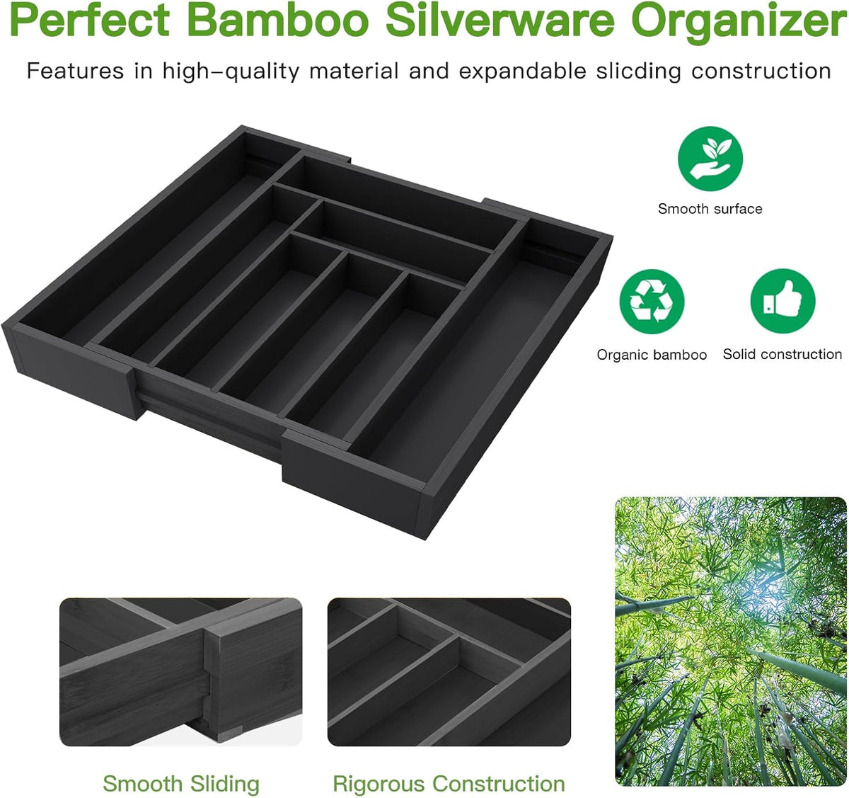Pipishell Bamboo Expandable Drawer Organizer for Utensils Holder, Adjustable Cutlery Tray, Wood