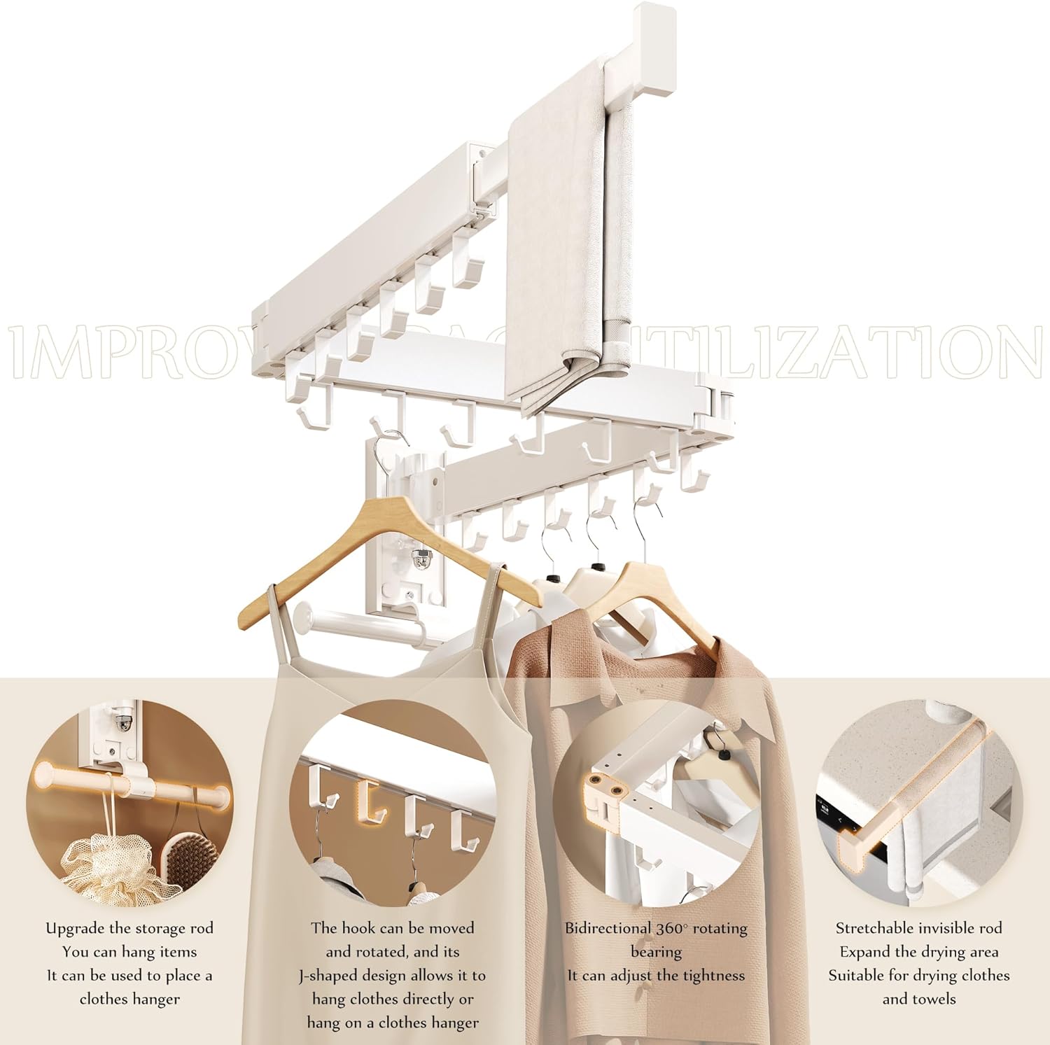 Wall Mounted Collapsible Clothes Drying Rack, Space-Saving Laundry Drying Rack Clothing Hanger