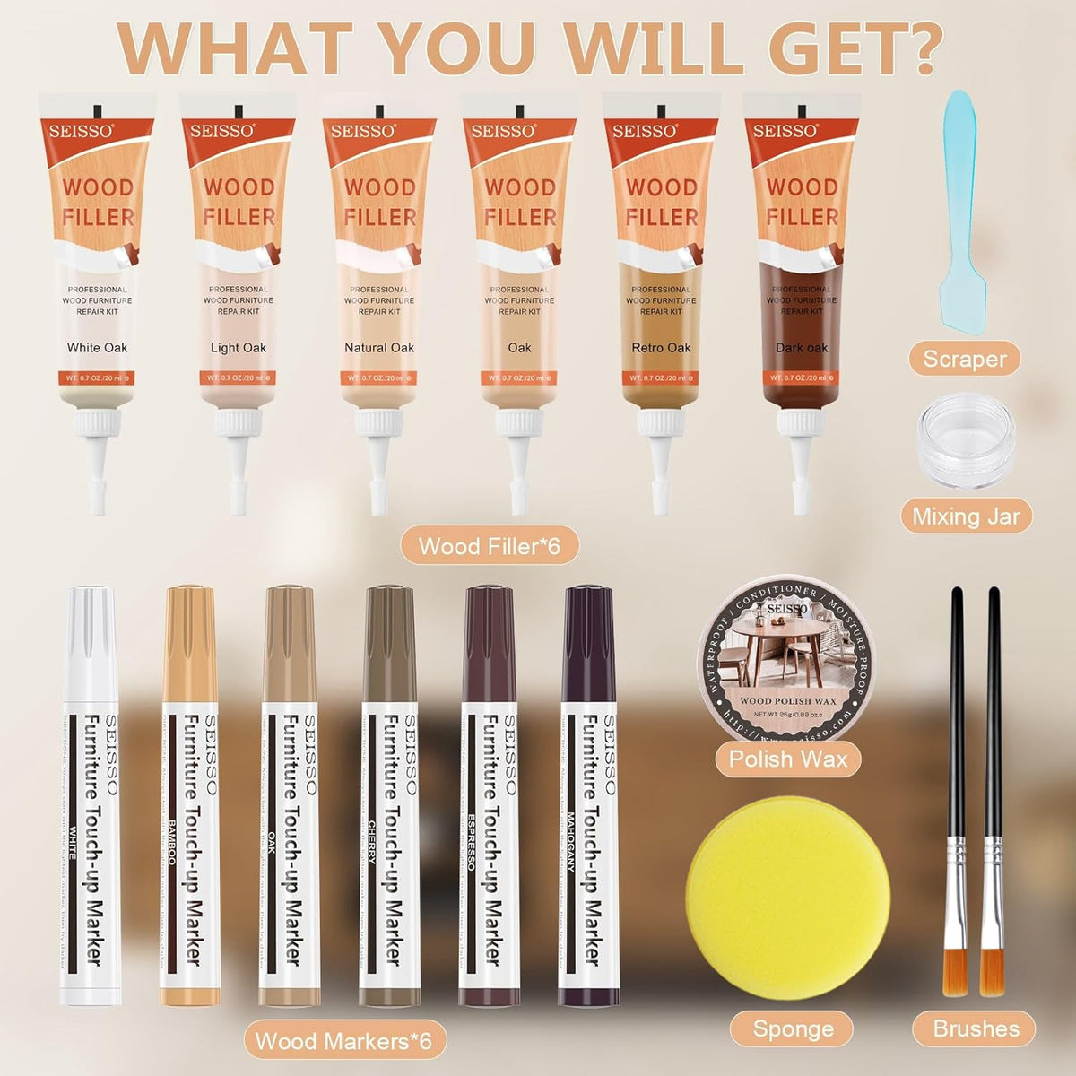 Wood Furniture Repair Kit - 6 Oak Color Wood Fillers with 6 Touch Up Markers and Wood Polish Wax