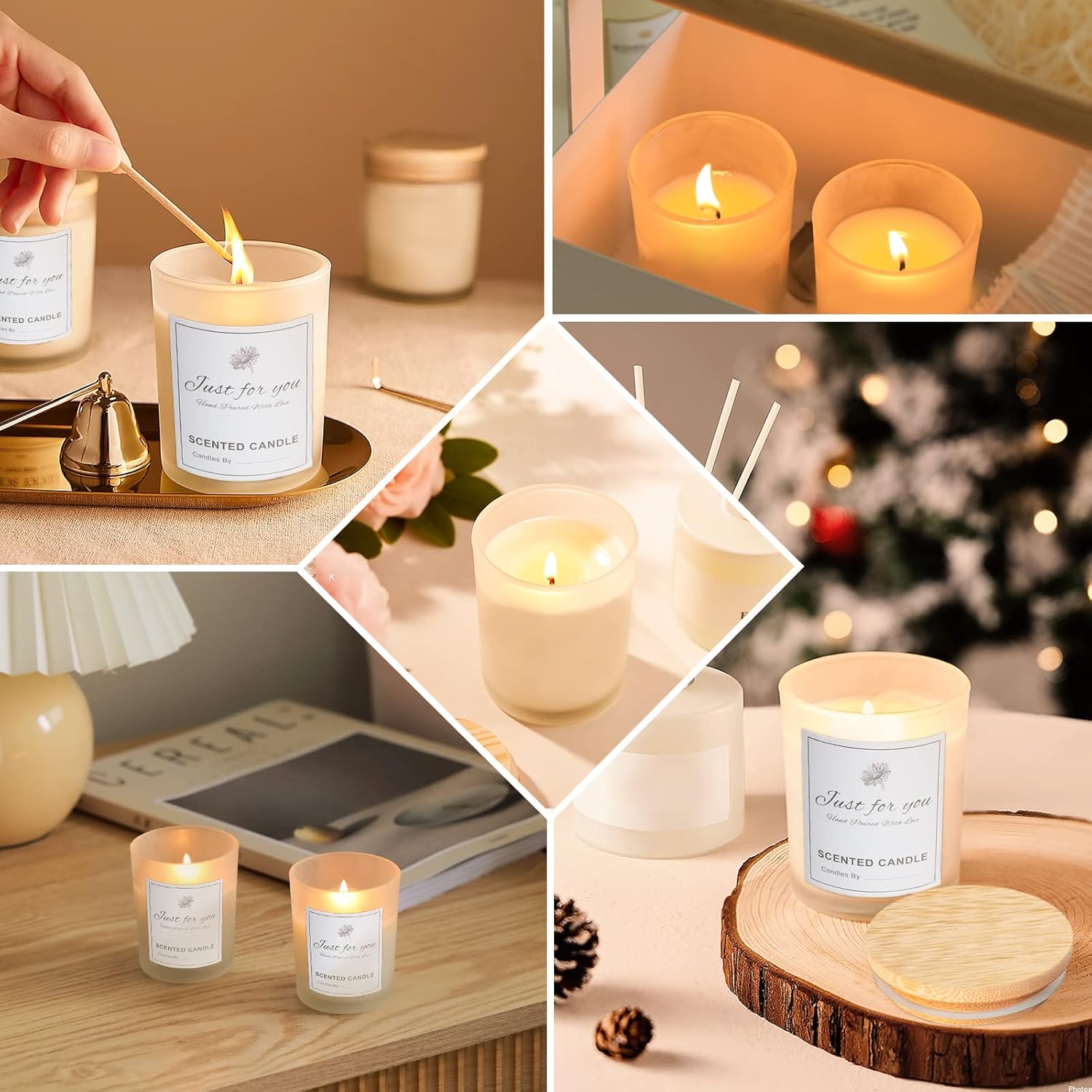 CONNOO 15 Pack 7 OZ Frosted Empty Candle Jars with Bamboo Lids and Sticky Labels for Making Candles