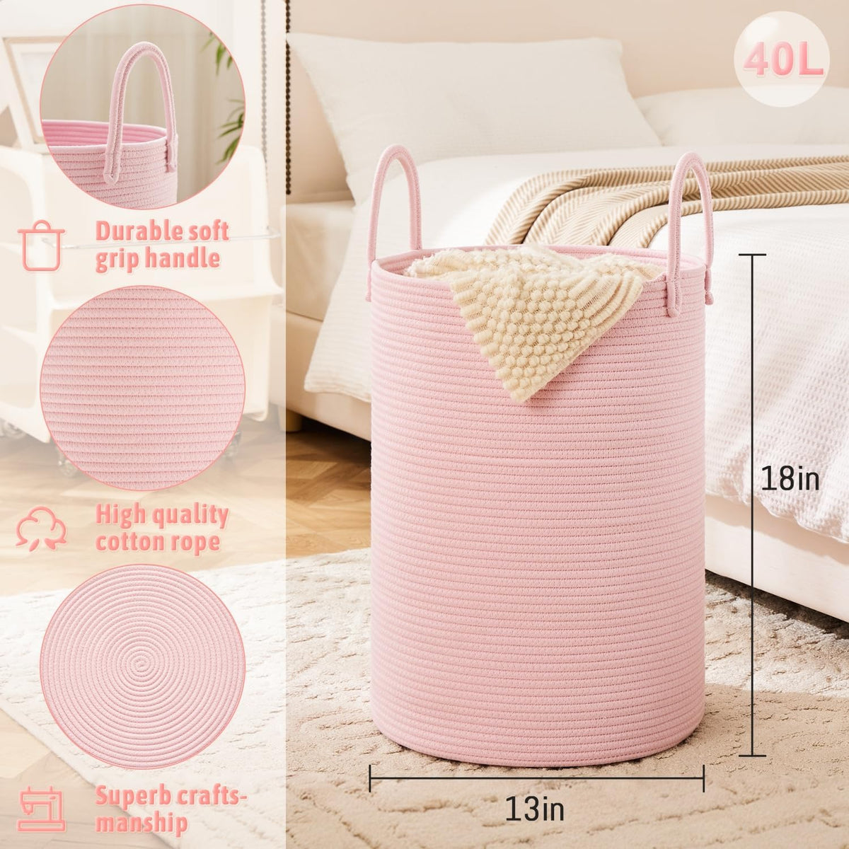Laundry Basket,Woven Cotton Rope Laundry Hamper,40L for Decorative Storage of Dirty Clothes,Toys