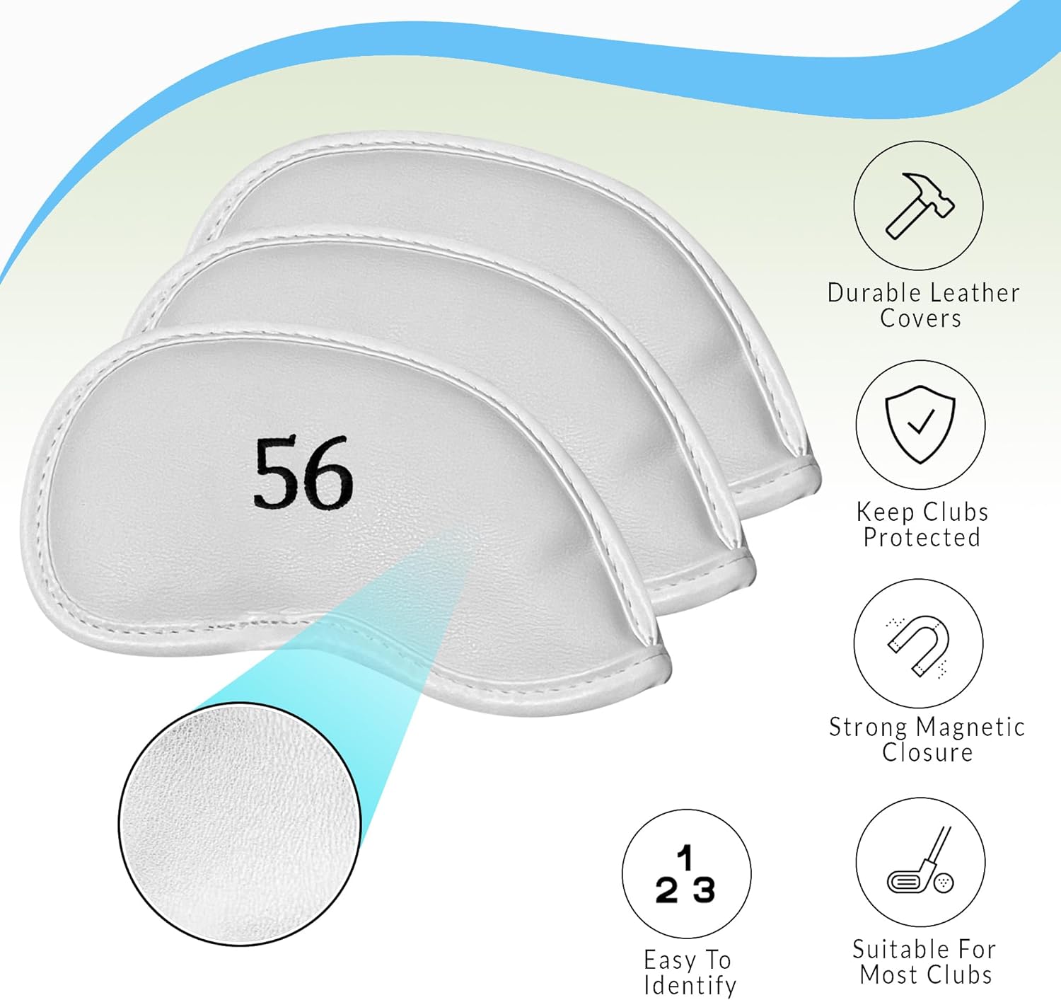 Premium Magnetic Leather Iron and Wedge Golf Club Head Covers | Set of 10 | Fits Most Clubs |