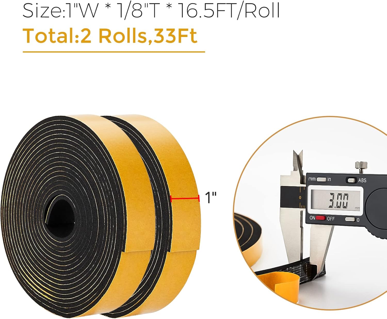 33 Feet Weather Stripping Door Seal, 1" Wide X 1/8" Thick Door Seal Strip High Density Foam Tape