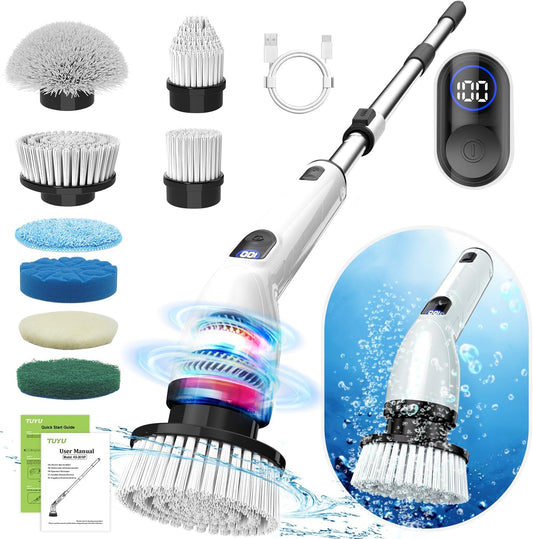 TUYU Electric Spin Scrubber, Full-Body IPX7 Waterproof Bathroom Scrubber with Power LCD Display, 8