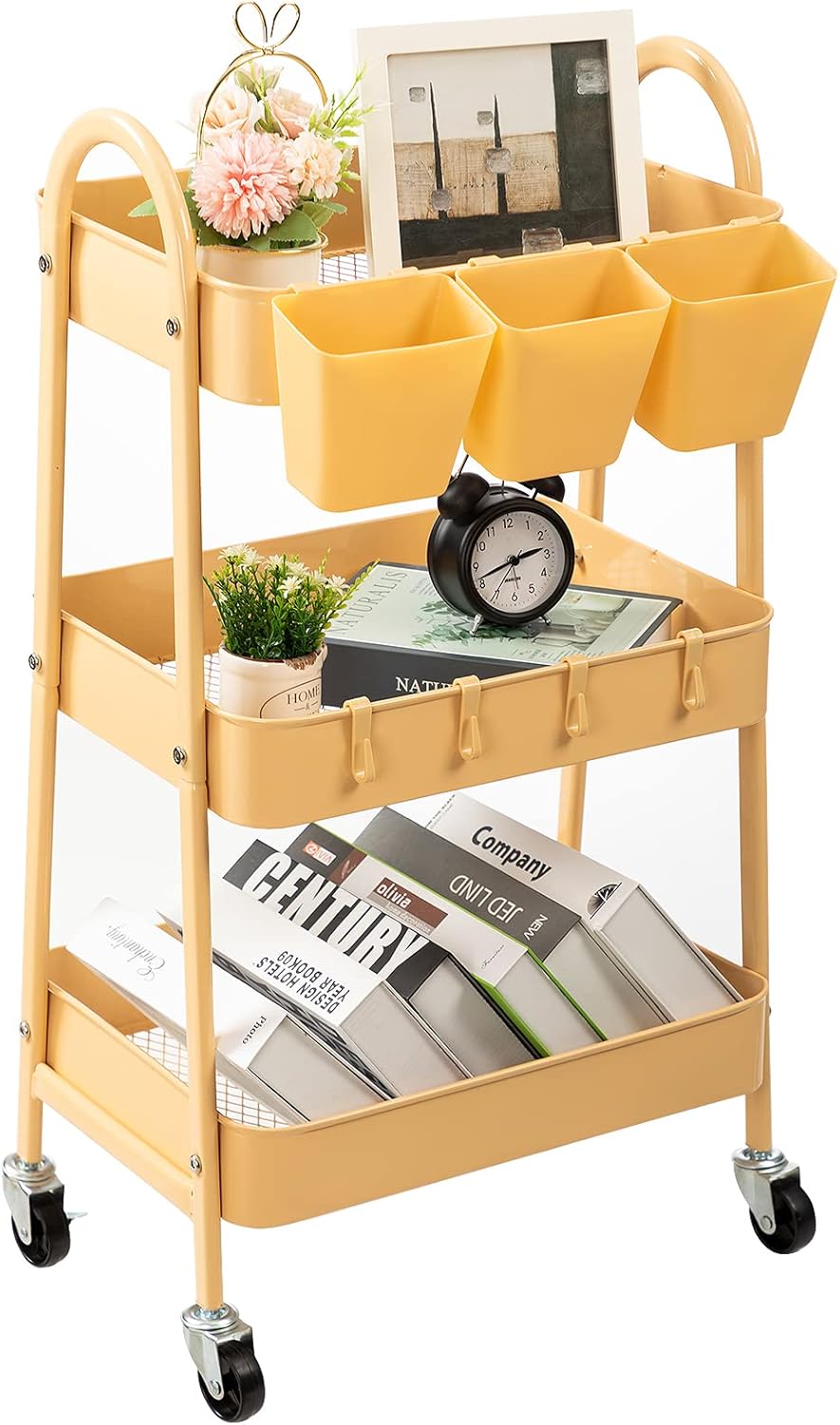 danpinera 3-Tier Rolling Cart, Metal Rolling Storage Cart with Lockable Wheels & Hanging Cups &