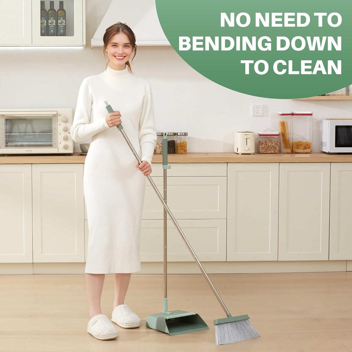 JOYMOOP Dark Teal Green Broom and Dustpan Set, Upright Angle with Built-in Comb Teeth, Ideal for