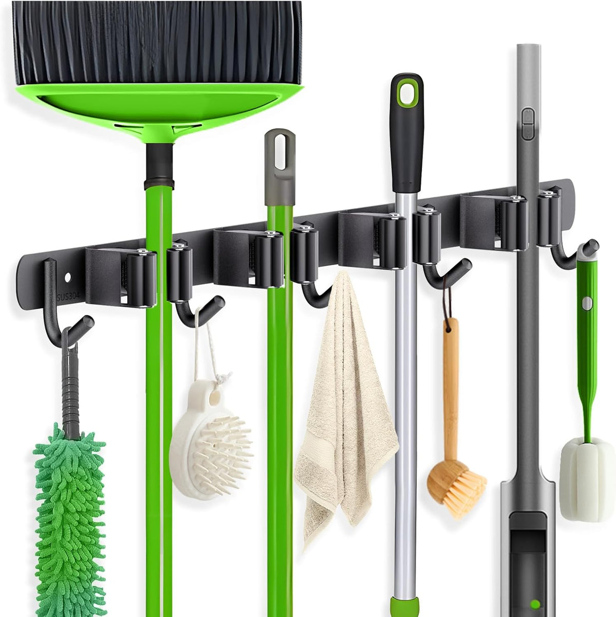 ZONGOOL 4 Racks and 5 Hooks Broom Holder Wall Mount Mop Hanger Wall Mount Metal Organization Tool