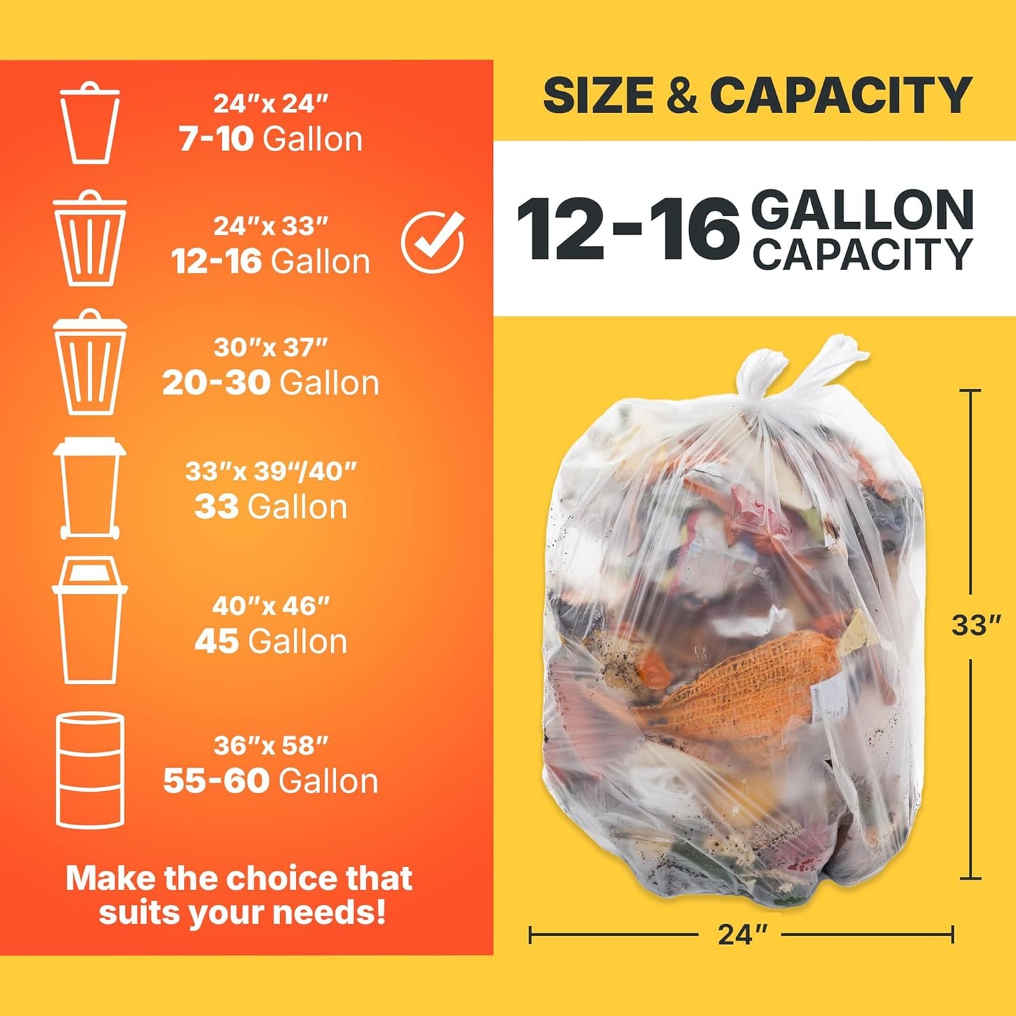 12-16 Gallon Trash Bags, 8 Micron High Density Garbage Can Liners Bulk, 24" x 33", Natural Clear