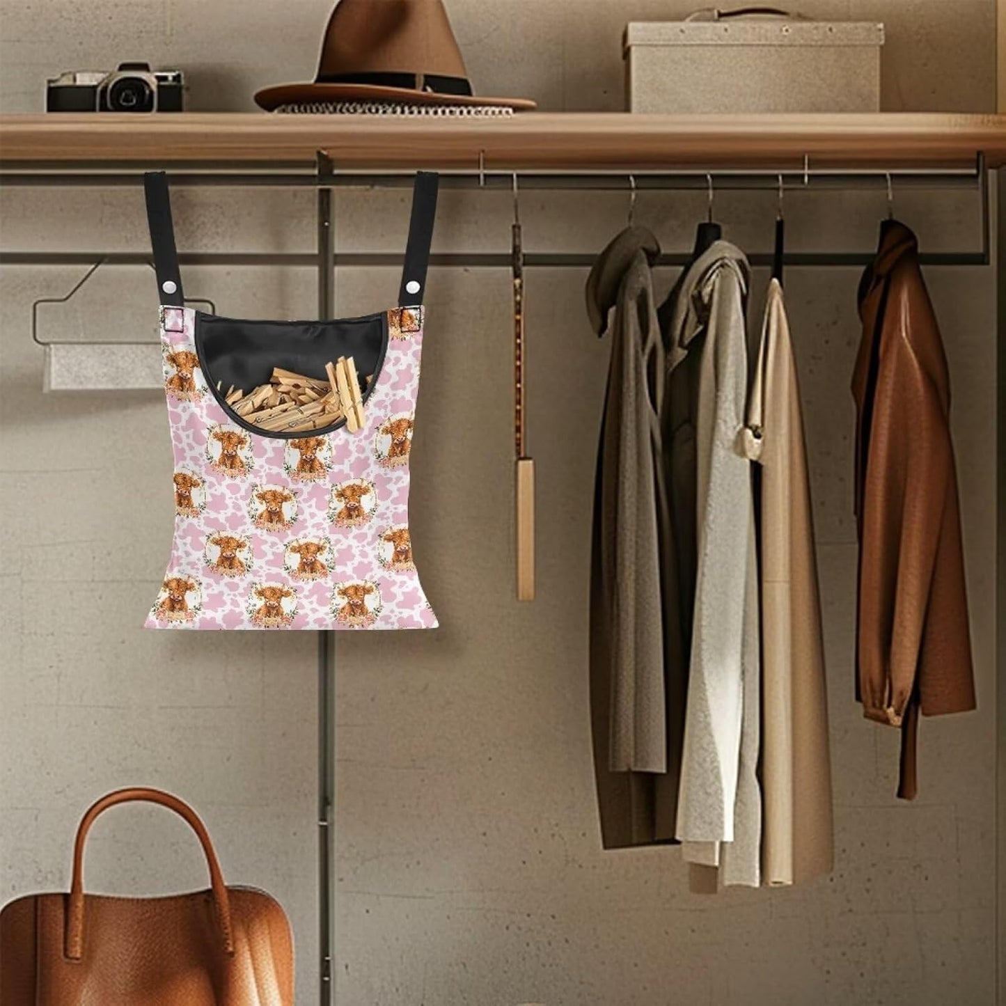 Cattle Clothespin Bags with Hanging Rope Pink Cow Print 14.5 x 12 Inch Summer Waterproof Laundry
