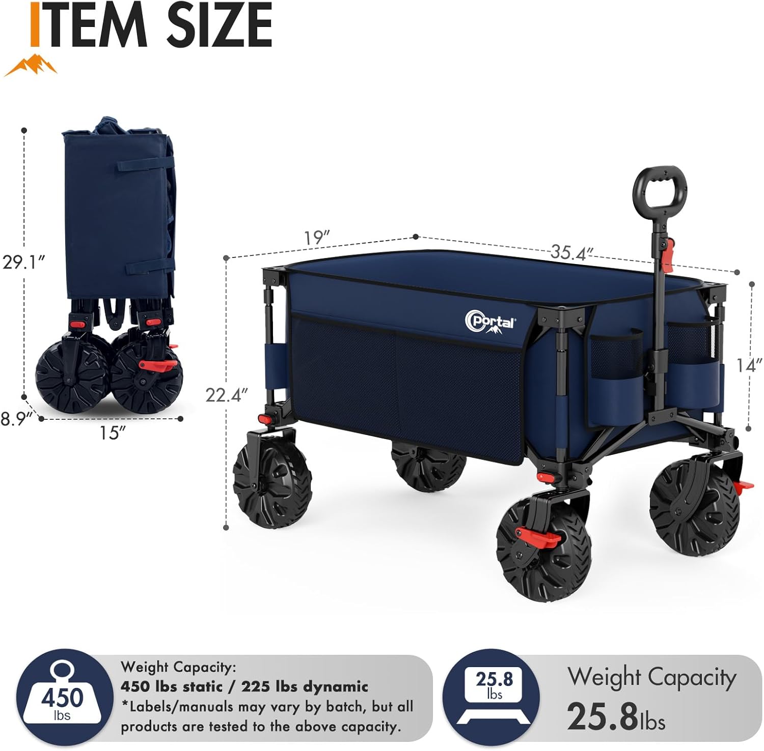 PORTAL Collapsible Wagon with Brakes, Heavy Duty Utility Cart with All-Terrain Wheels, Portable