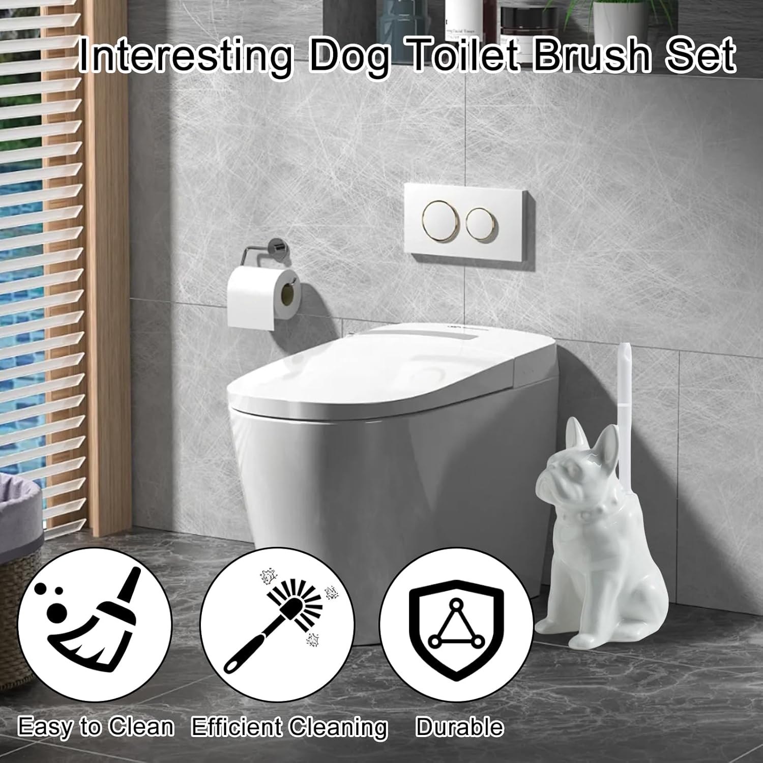 Comeon Ceramic Dog White/Black Toilet Brush and Holder Set, Plastic Handled Scrub Brush for