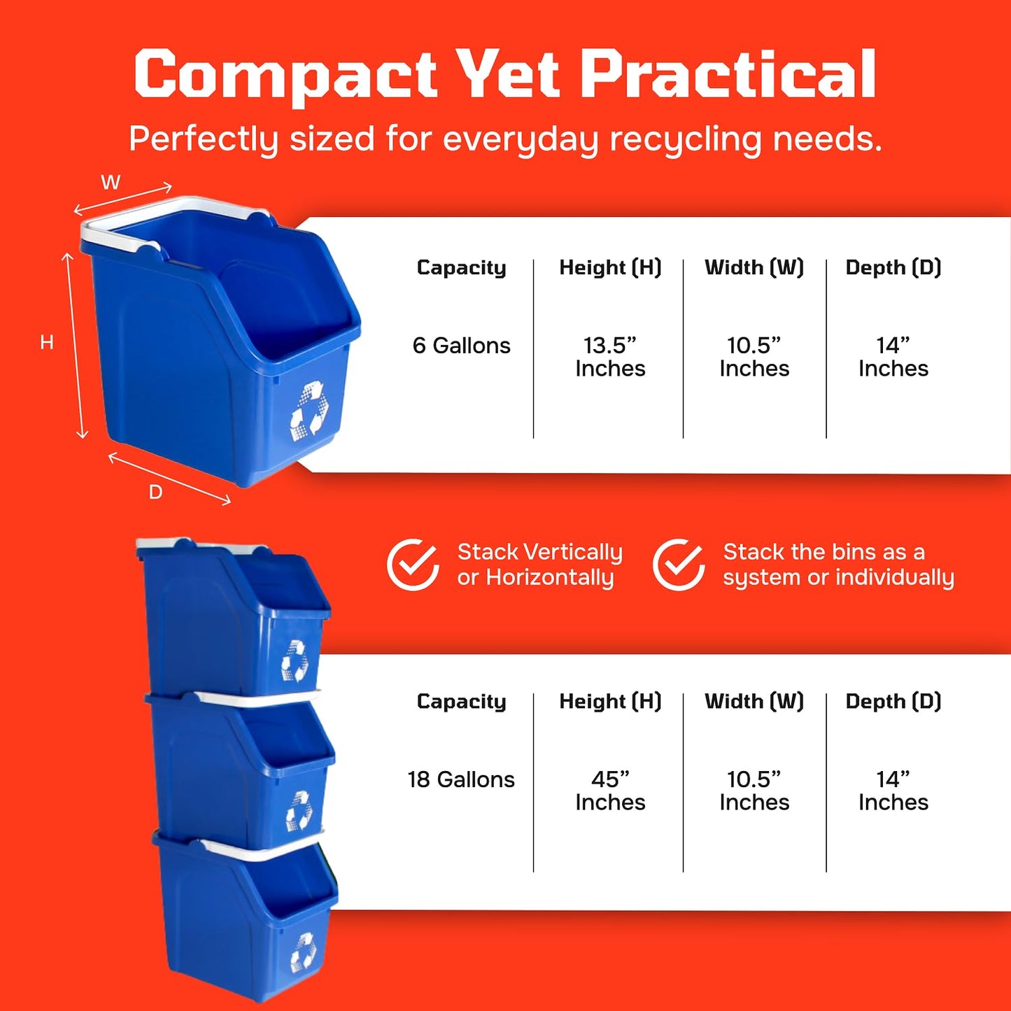 6 Gallon Stackable Recycling Bins for Homes, Garages, Offices Made of 100% Recycled Plastic