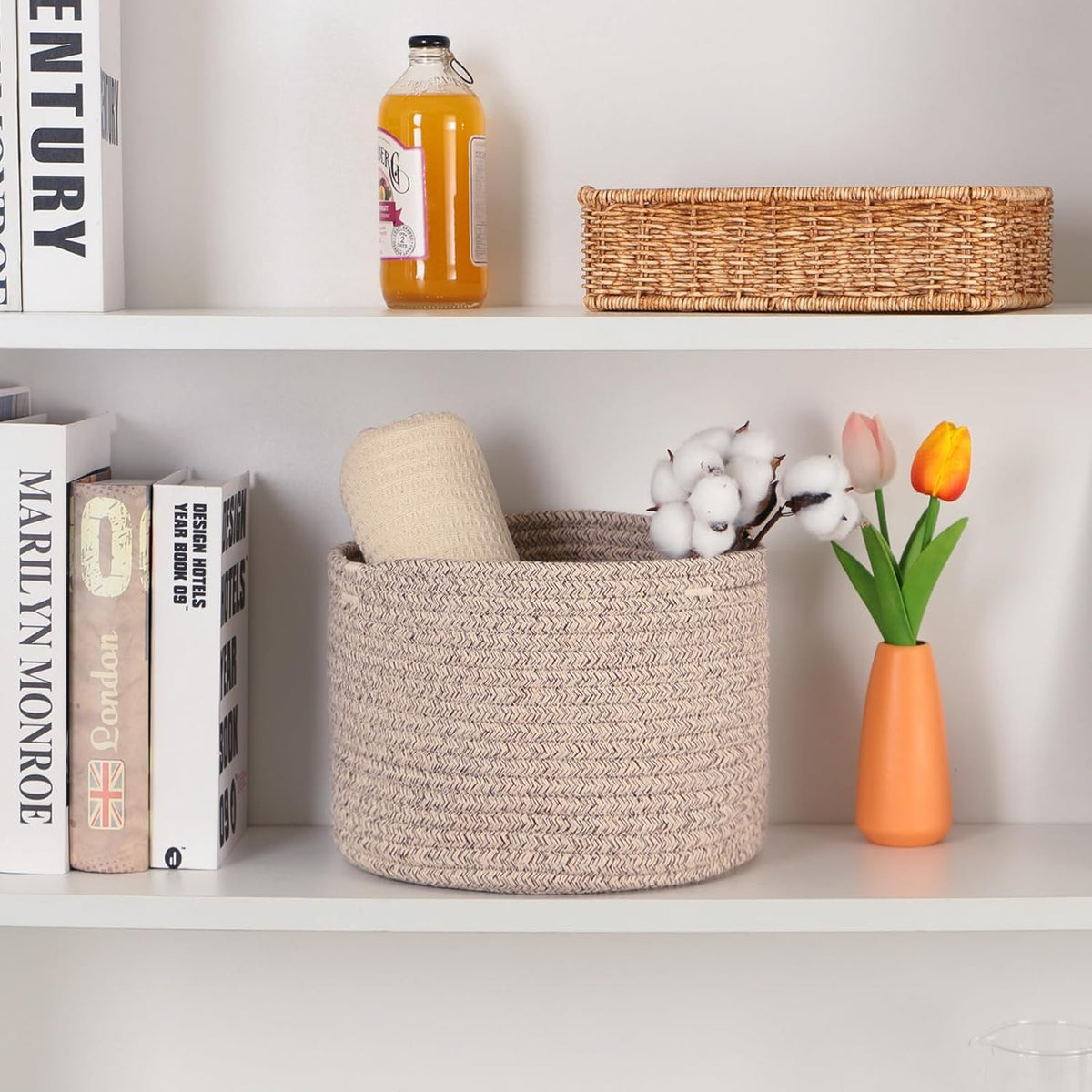 Small Basket for Organizing | Cube Shelf Closet Storage Baskets | 9.7×9.7×7.1” | Woven Rope Gift