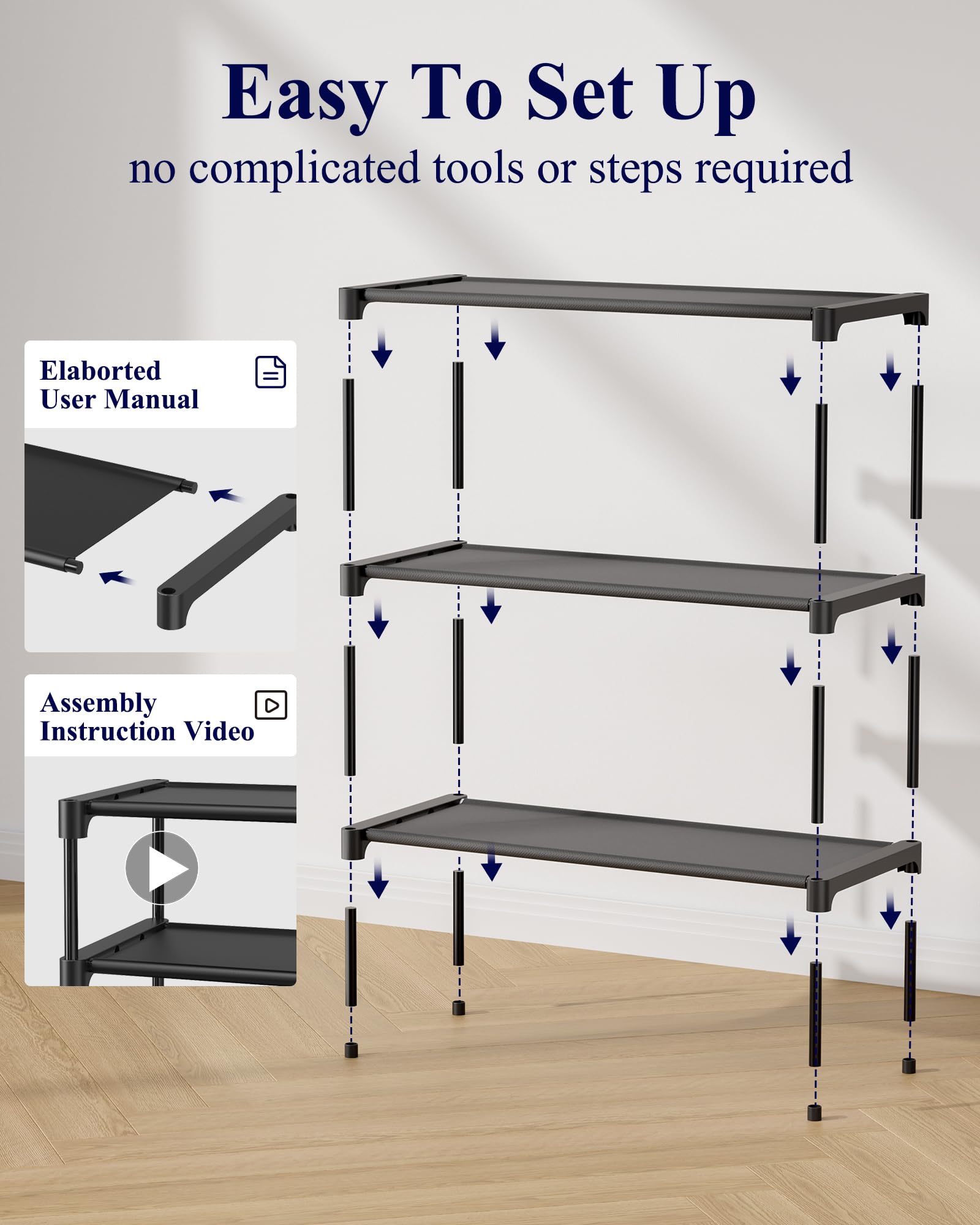 Kitsure Shoe Rack - Non-Woven Shoe Rack Shelf, 27.5" Wide - 3 Tier, Black