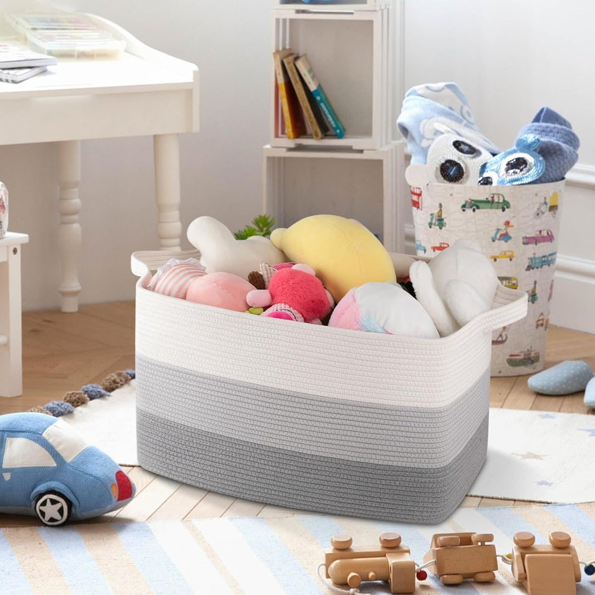 OIAHOMY Rectangle Woven Storage Basket - Nursery Cotton Rope Baskets for Storage, Toy Basket