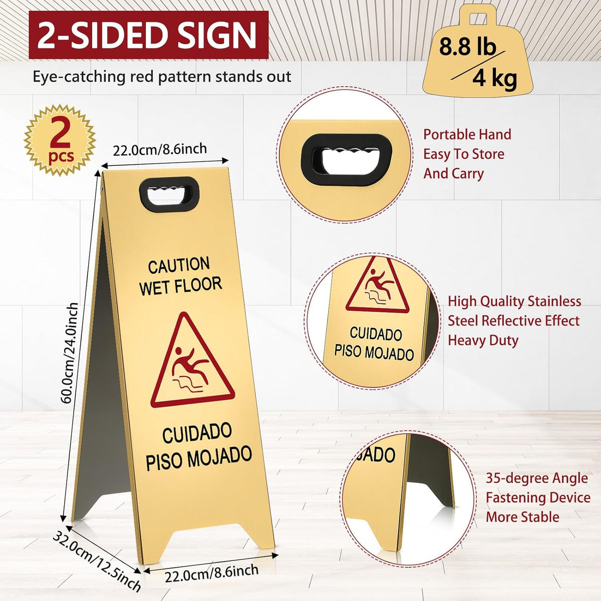 2 Pcs 24 Inch Stainless Steel Wet Floor Sign, Heavy Duty Caution Wet Floor Sign Double Sided