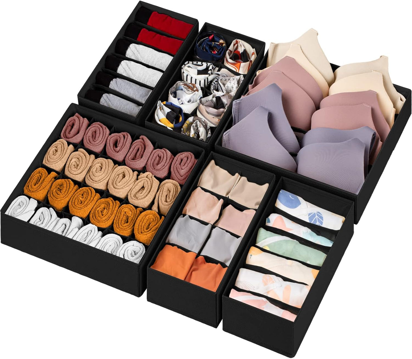 6 Pack Sock Underwear Drawer Organizer Dividers, 58 Cell Foldable Fabric Dresser Closet Organizers