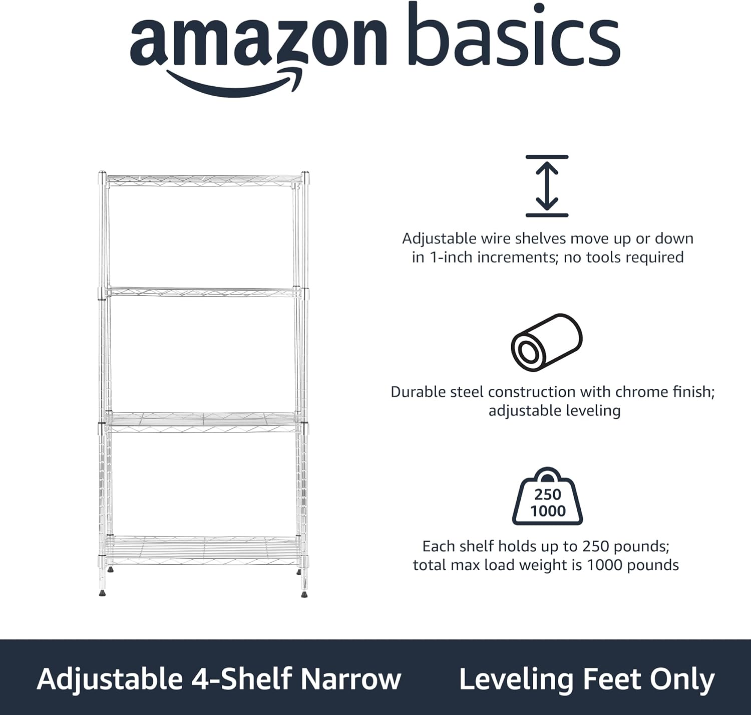Amazon Basics 4-Shelf Adjustable, Storage Shelving Unit, (200 Pound Loading Capacity per Shelf)