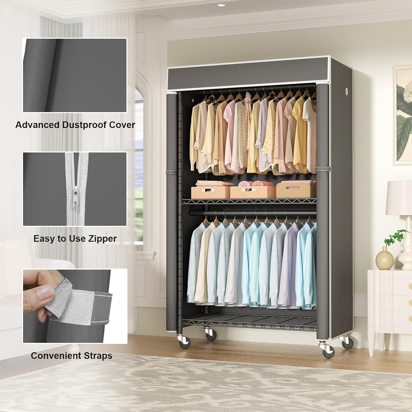 FUTASSI Black Clothing Rack with Dark Gray Cover, P1C Rolling Closets with Wheels, Metal Garment