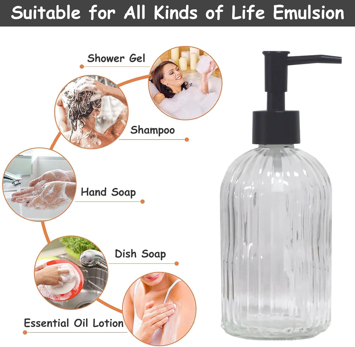 Clear Glass Soap Dispenser with Black Plastic Pump, 13.5oz Refillable Liquid Hand Soap Dispenser