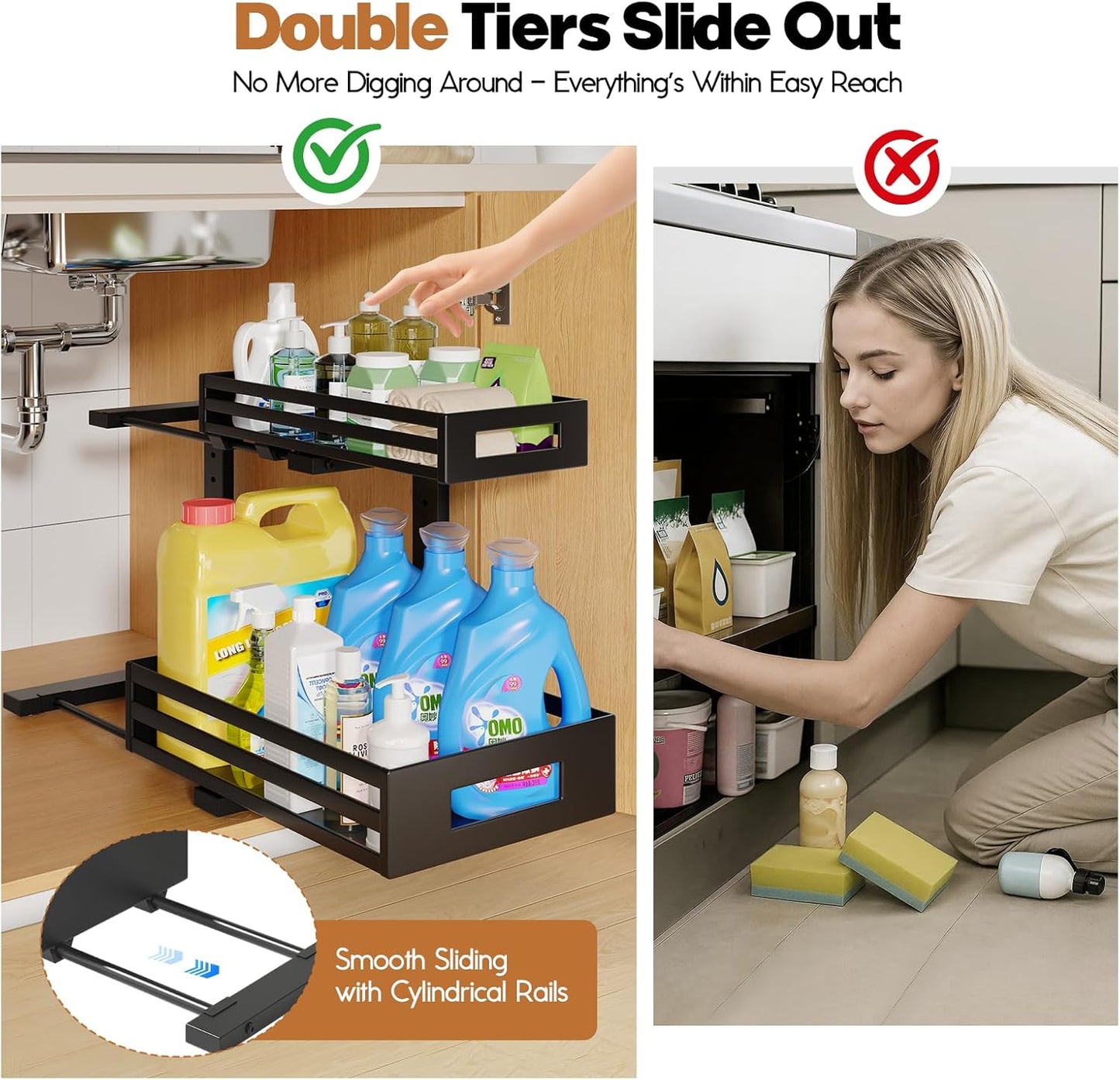 2-Pack Under Sink Organizers and Storage,2-Tier L Shape Pull Out Cabinet Organizer With Round Tube