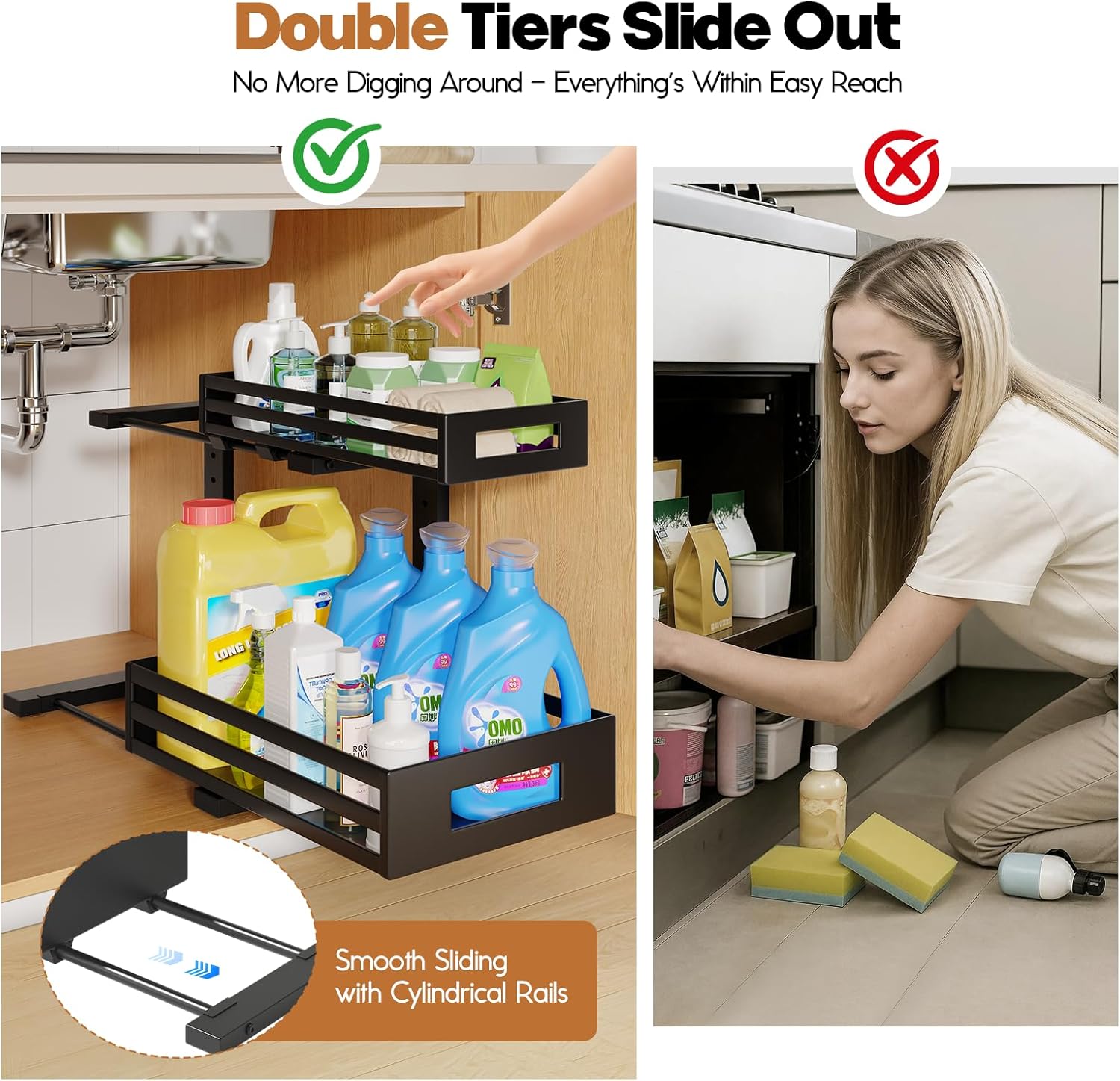2-Pack Under Sink Organizers and Storage,2-Tier L Shape Pull Out Cabinet Organizer With Round Tube