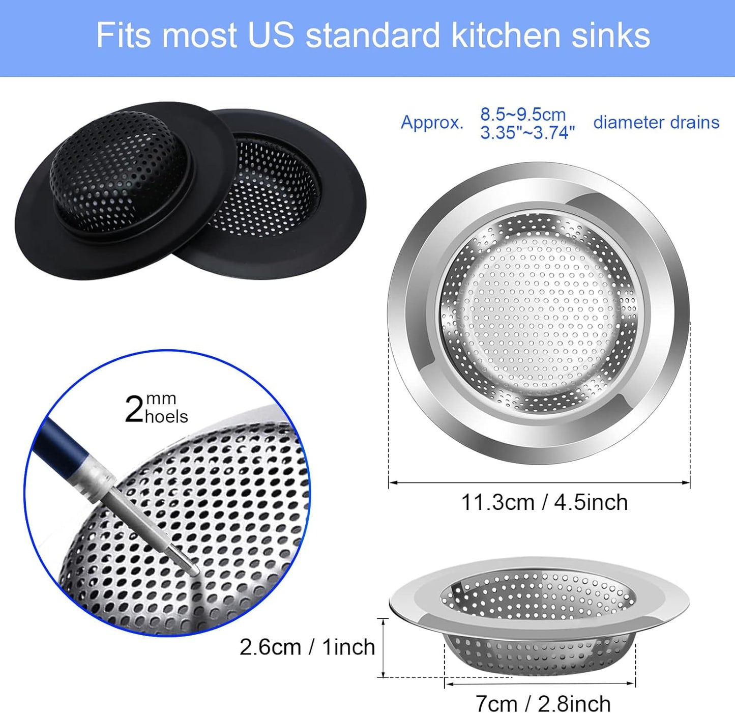 Kitchen Sink Drain Strainer, 4 Pack Stainless Steel and Black Mesh Sink Strainer for Kitchen with