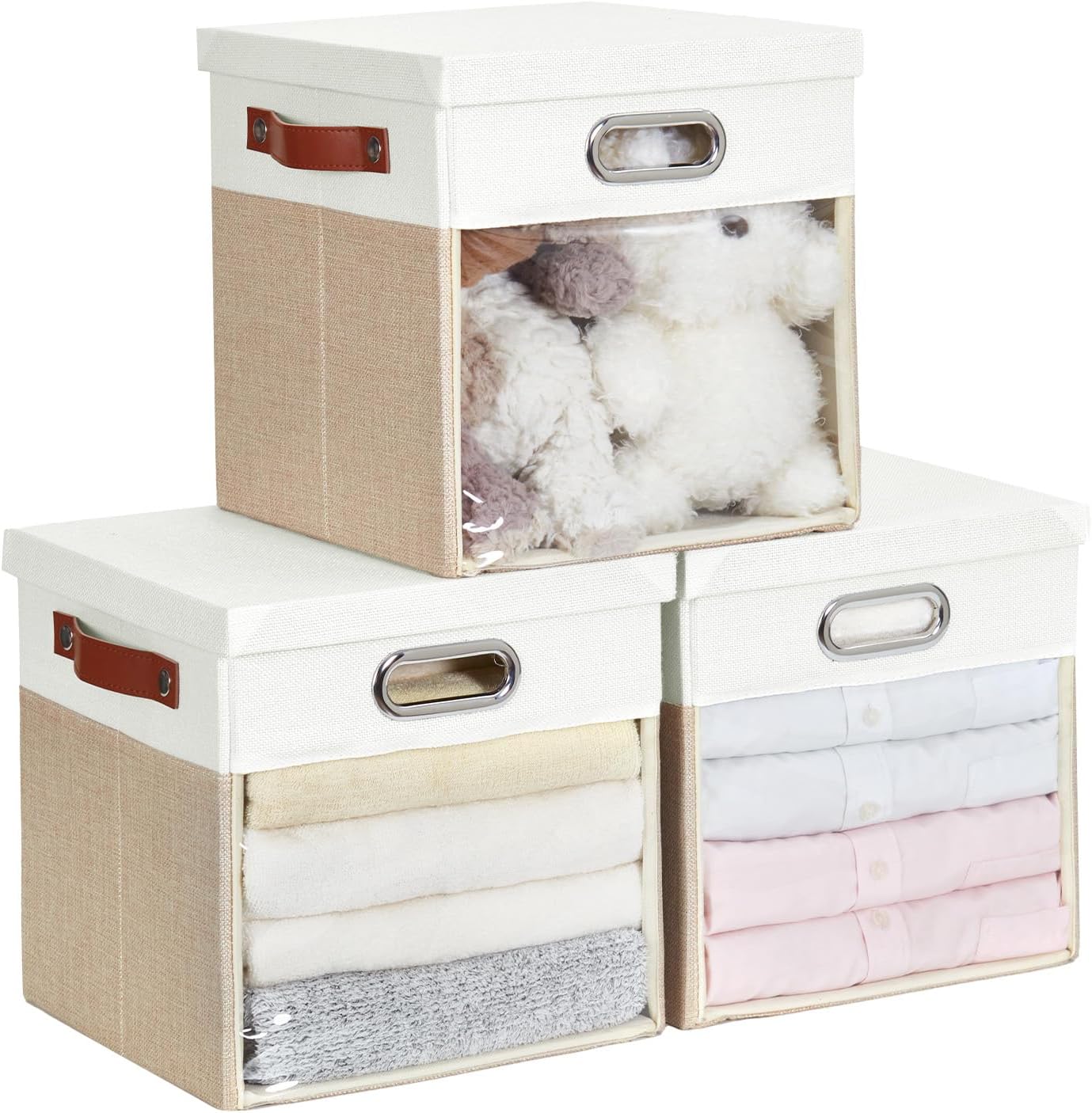 Fabric Storage Cubes with Clear Windows and Lids 11'' Foldable Storage Bins with 3 Handles