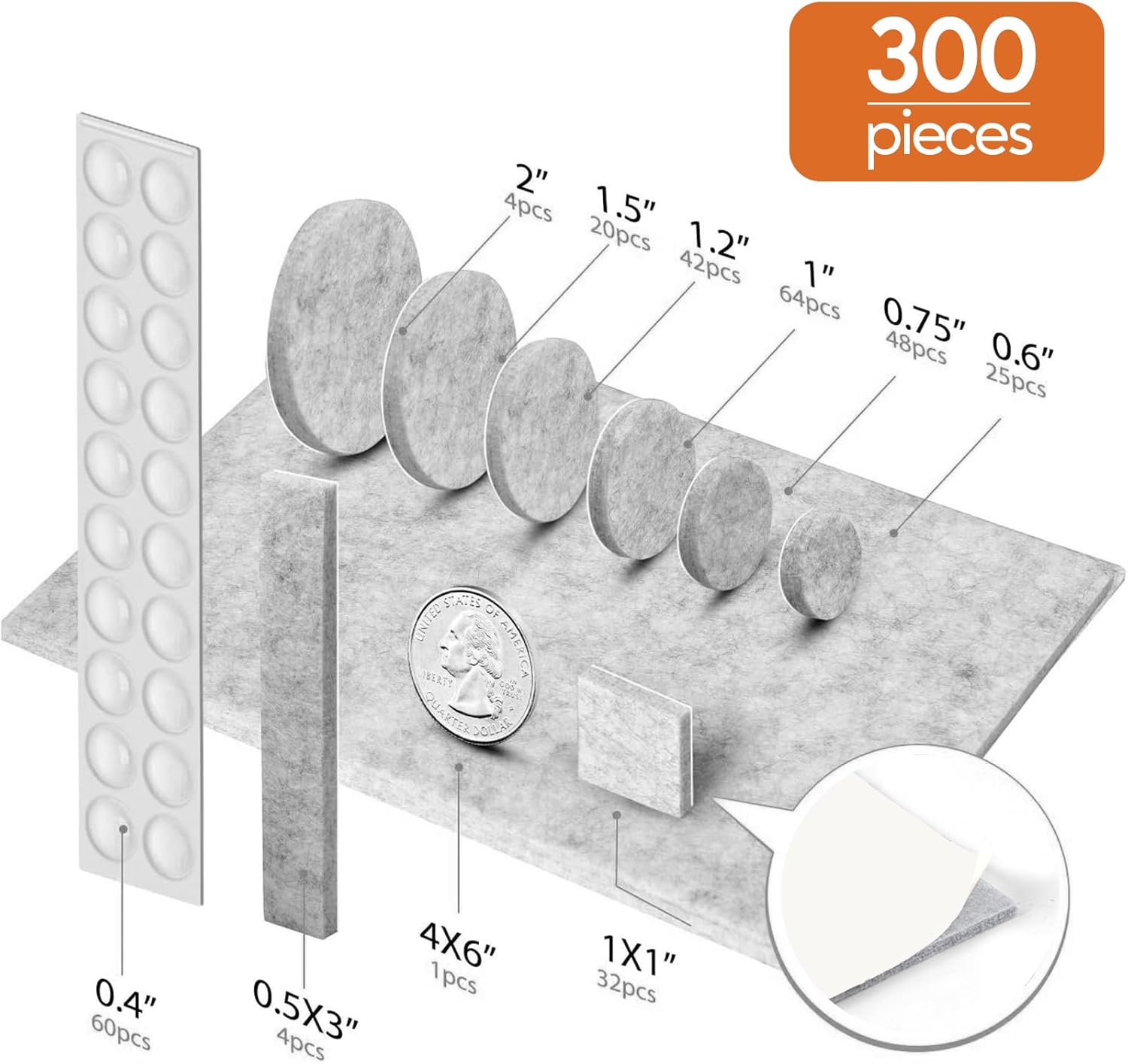 Furniture Pads 300 Pcs Premium Furniture Felt Pads (Grey), Huge Quantity Self Adhesive Felt