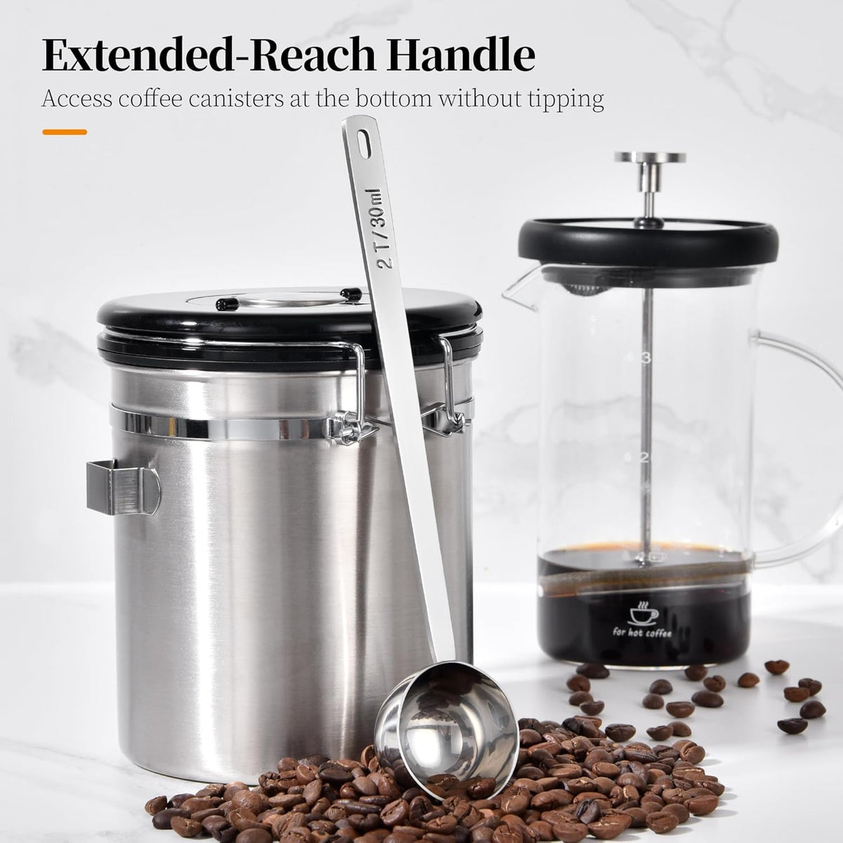 Long Handle Coffee Scoop: 8.6 Inch 18/8 Stainless Steel 2 Tablespoon Metal Measuring Spoon Tbsp