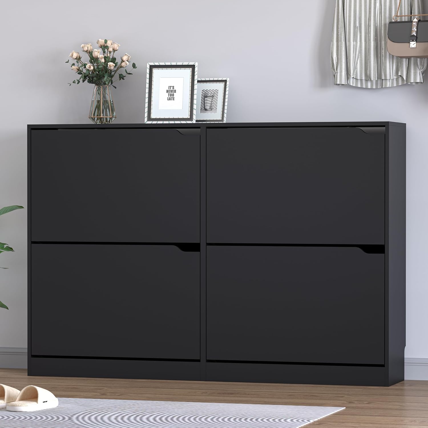 Shoe Cabinet with 4 Flip Drawers, Narrow Hidden Shoe Storage Cabinet, Slim Freestanding Shoe Rack