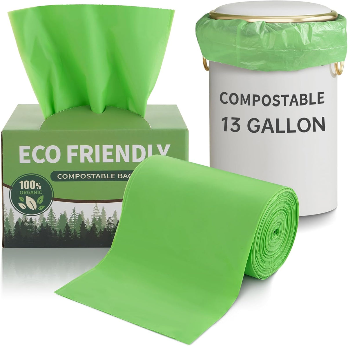 13 Gallon Trash Bags Compostable Compost Large Garbage Bag Extra Thick 1.1 Mil for Kitchen Bathroom