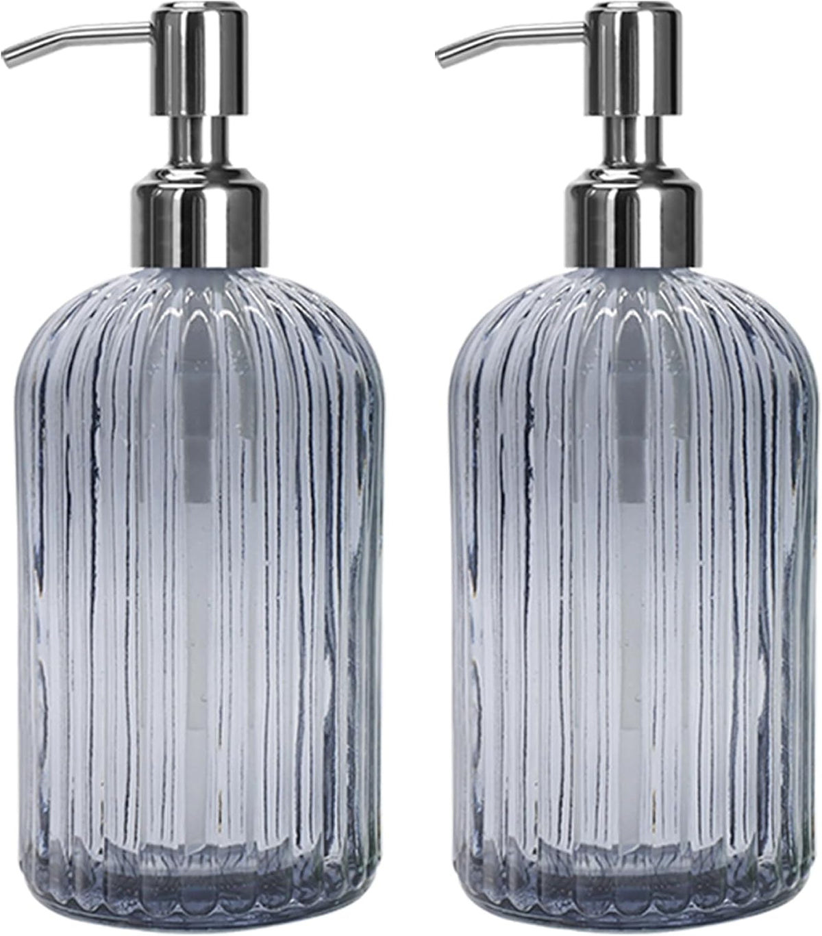 Grey Glass Soap Dispenser 18 oz, 2 Pack Hand Dish Soap Dispensers Bathroom with Stainless Steel