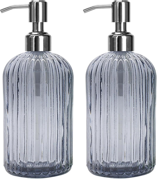 Grey Glass Soap Dispenser 18 oz, 2 Pack Hand Dish Soap Dispensers Bathroom with Stainless Steel