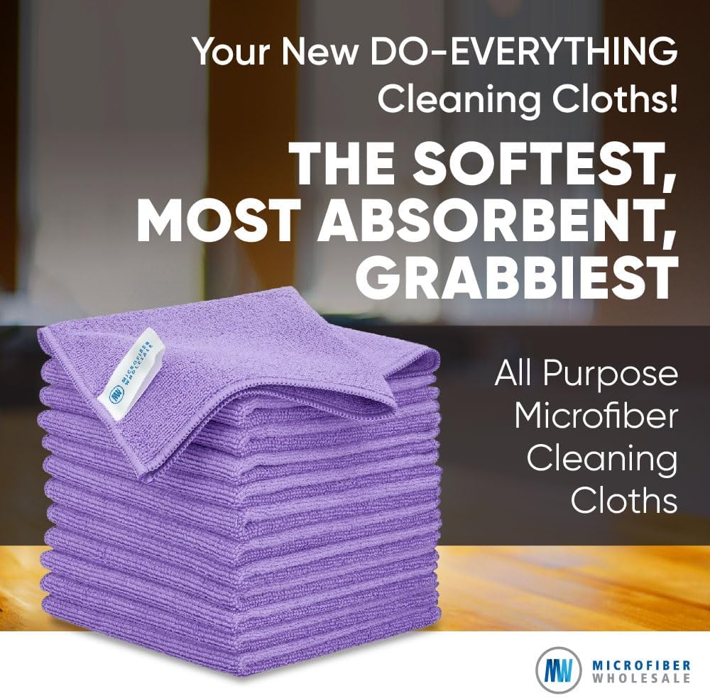 12" x 12" Pro Multi-Surface Microfiber Cleaning Cloths | Purple - 12 Pack | Premium Microfiber
