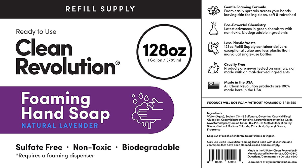Clean Revolution Foaming Hand Soap Refill Supply Container. Ready to Use Formula. Natural Lavender