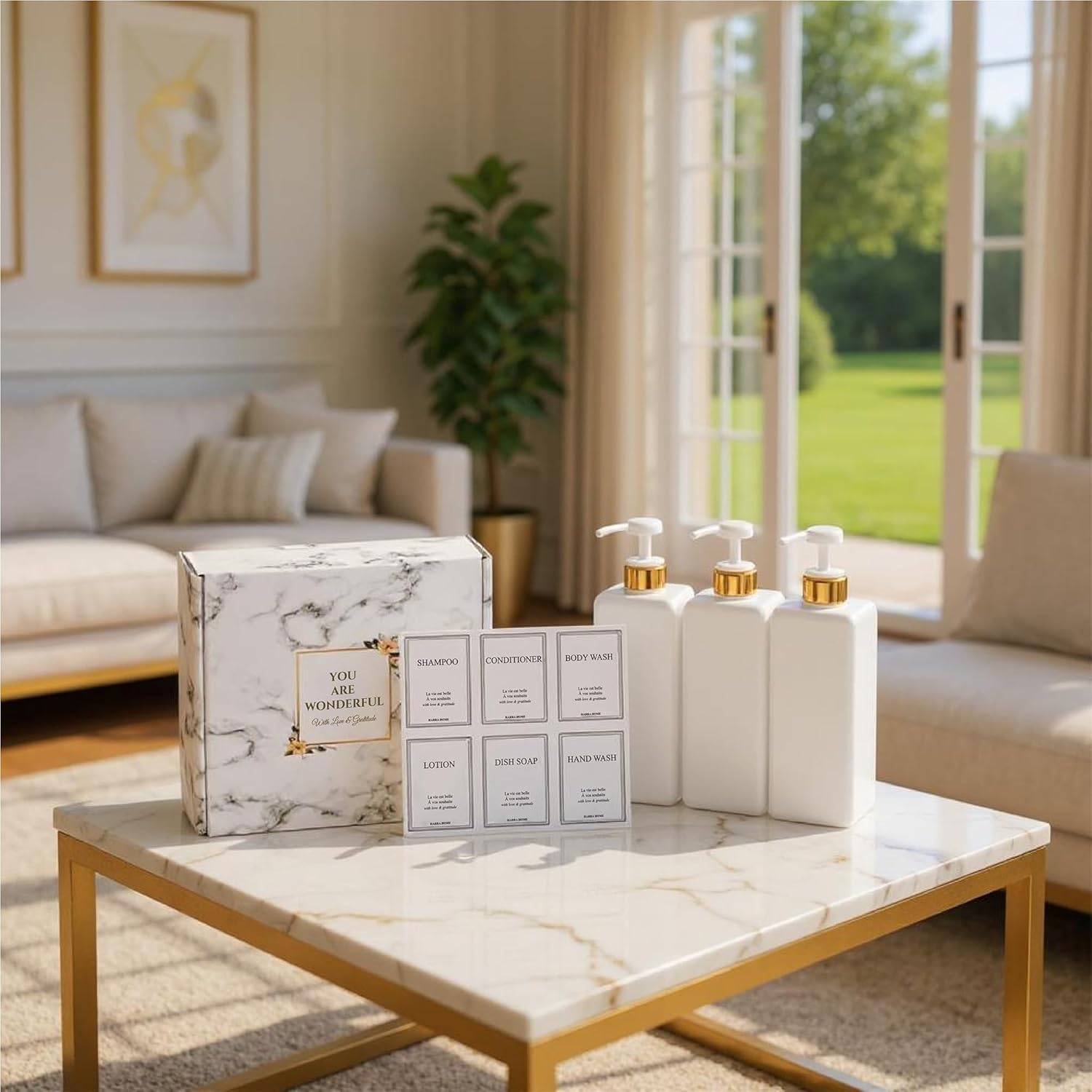 Modern Gold Design Large 27 oz Shampoo and Conditioner Dispensers - Empty Plastic Refillable Pump