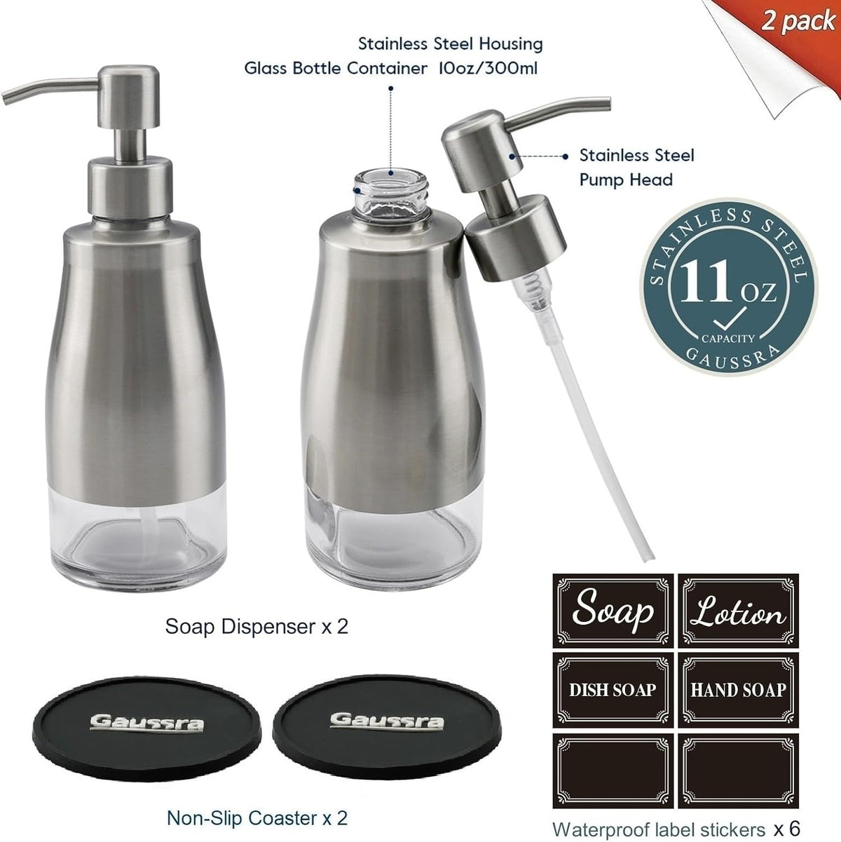 Gaussra 2 Pack Soap Dispenser with Coaster and Stickers, Stainless Steel Case Glass Liner Hand Pump