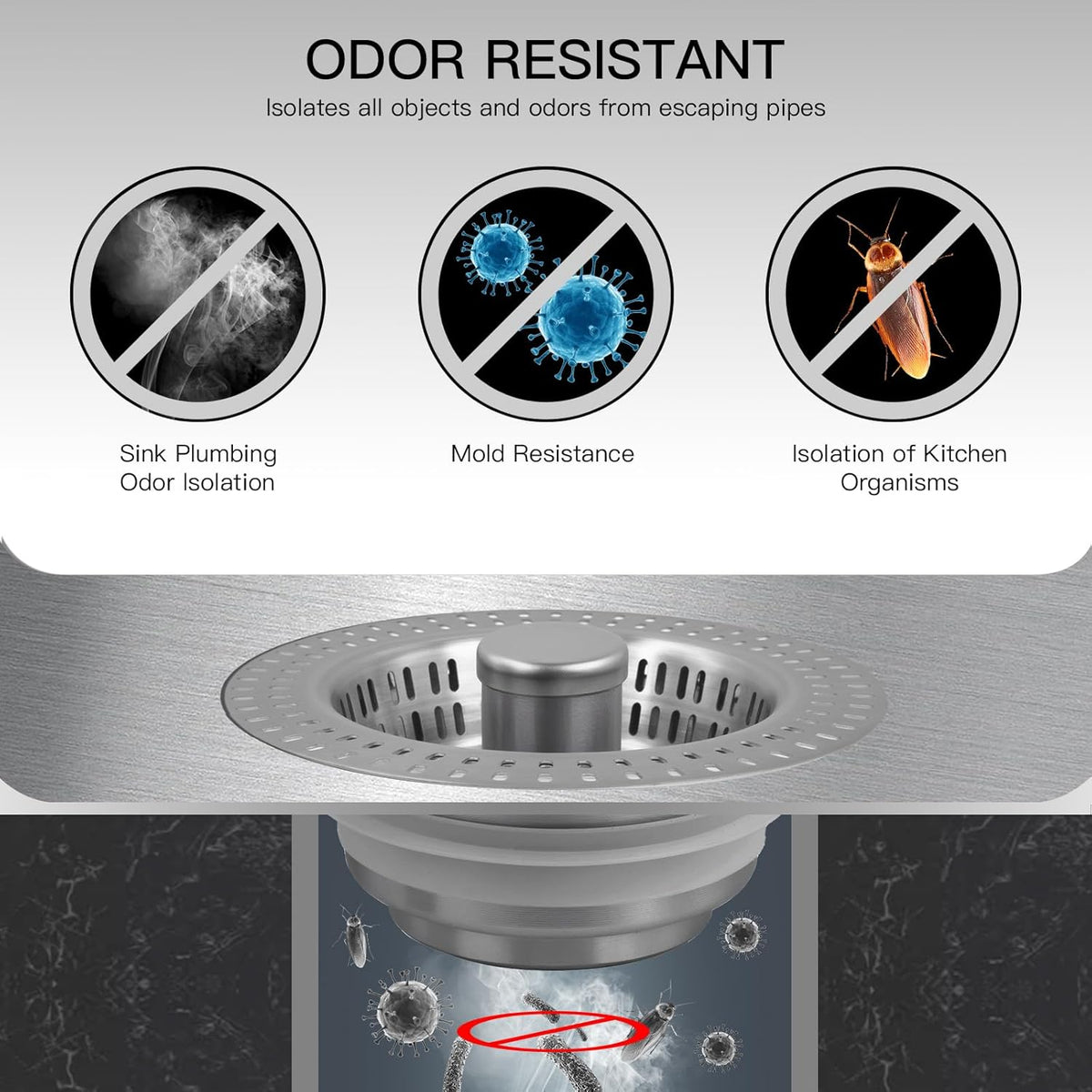 3 in 1 Kitchen Sink Drain Strainer Stopper, Stainless Steel Pop Up Sink Stopper with Anti-Clogging
