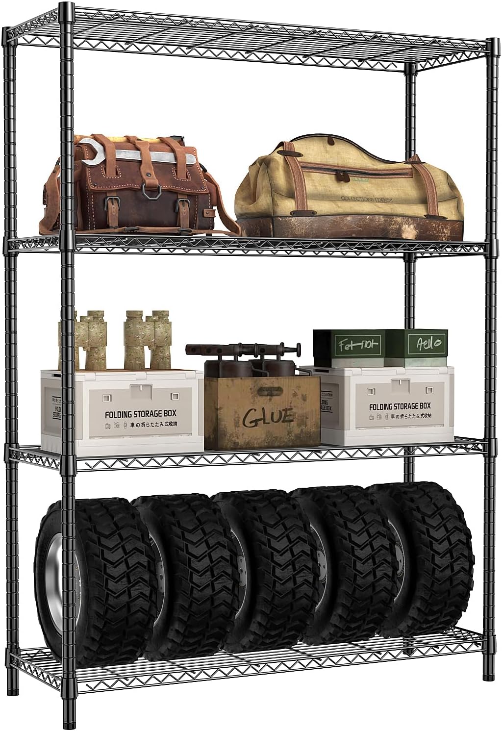 IZEUK 1400 LBS Garage Black Shelving Wide Storage Shelves 4 Tier Adjustable Heavy Duty Metal Wire