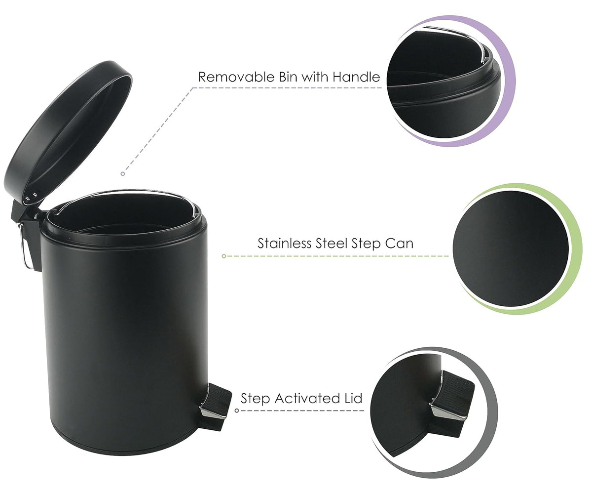 Stainless Steel Small Trash Can with Lid & Step Pedal - 5 Liters/1.3 Gallon Soft Close Waste Basket