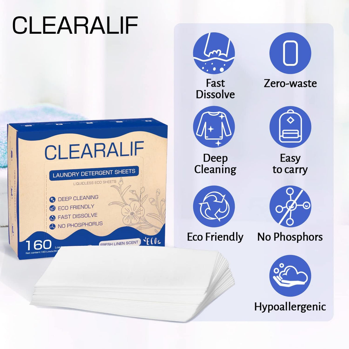CLEARALIF Laundry Detergent Sheets Up to 160 Loads, Fresh Linen - Great For Travel,Apartments