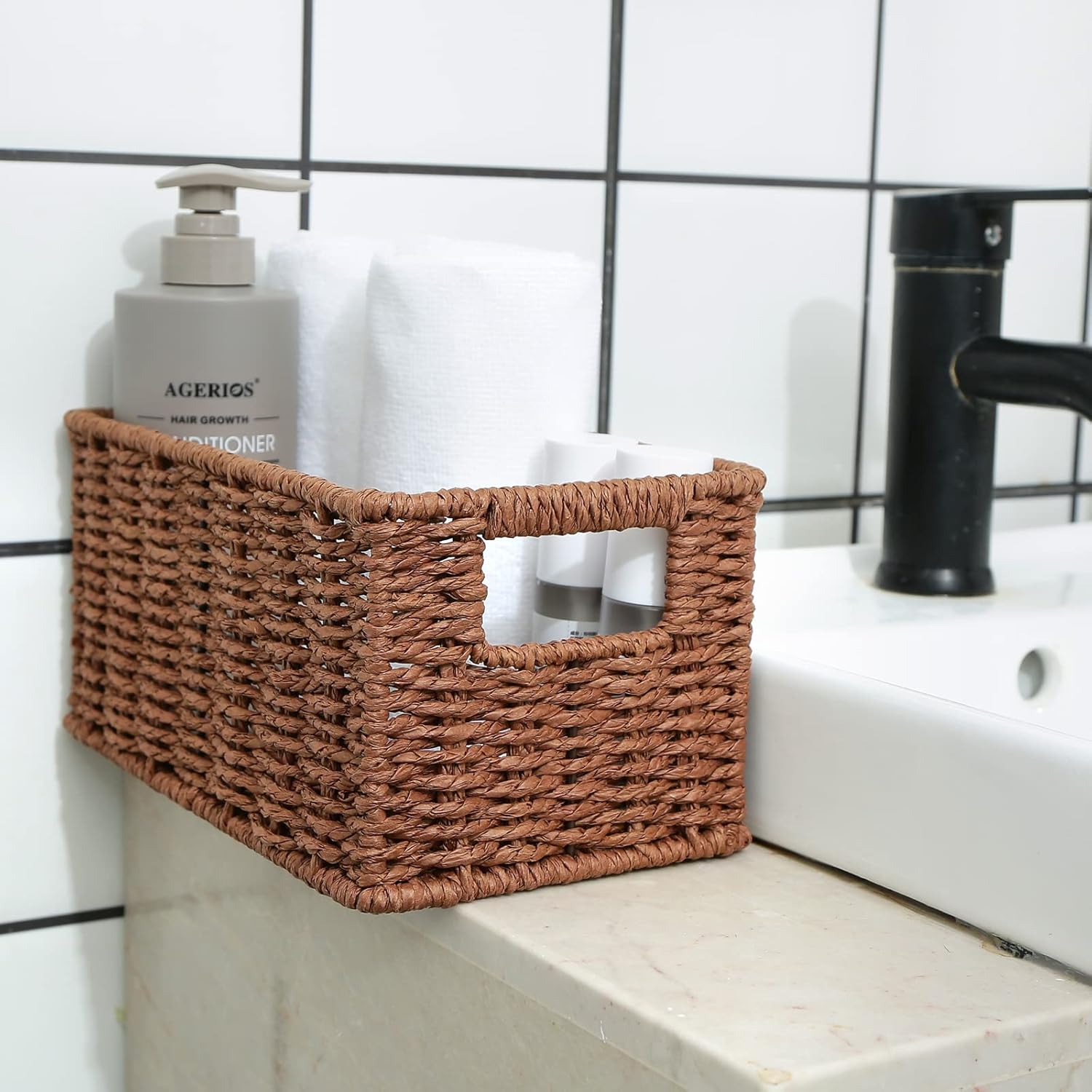 HOONEX Woven Baskets for Storage, Paper Rope Baskets with Sturdy Metal Wire Frame, Baskets for